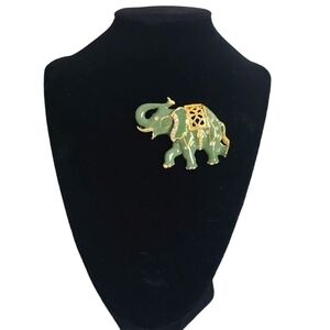 Vintage Estate Sale Jewelry Green & Gold Enamel Rhinestones Elephant Brooch